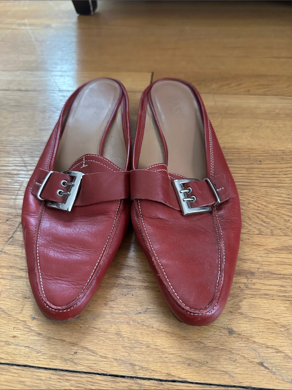 Vintage Bass Red Leather Mules with Silver Buckle